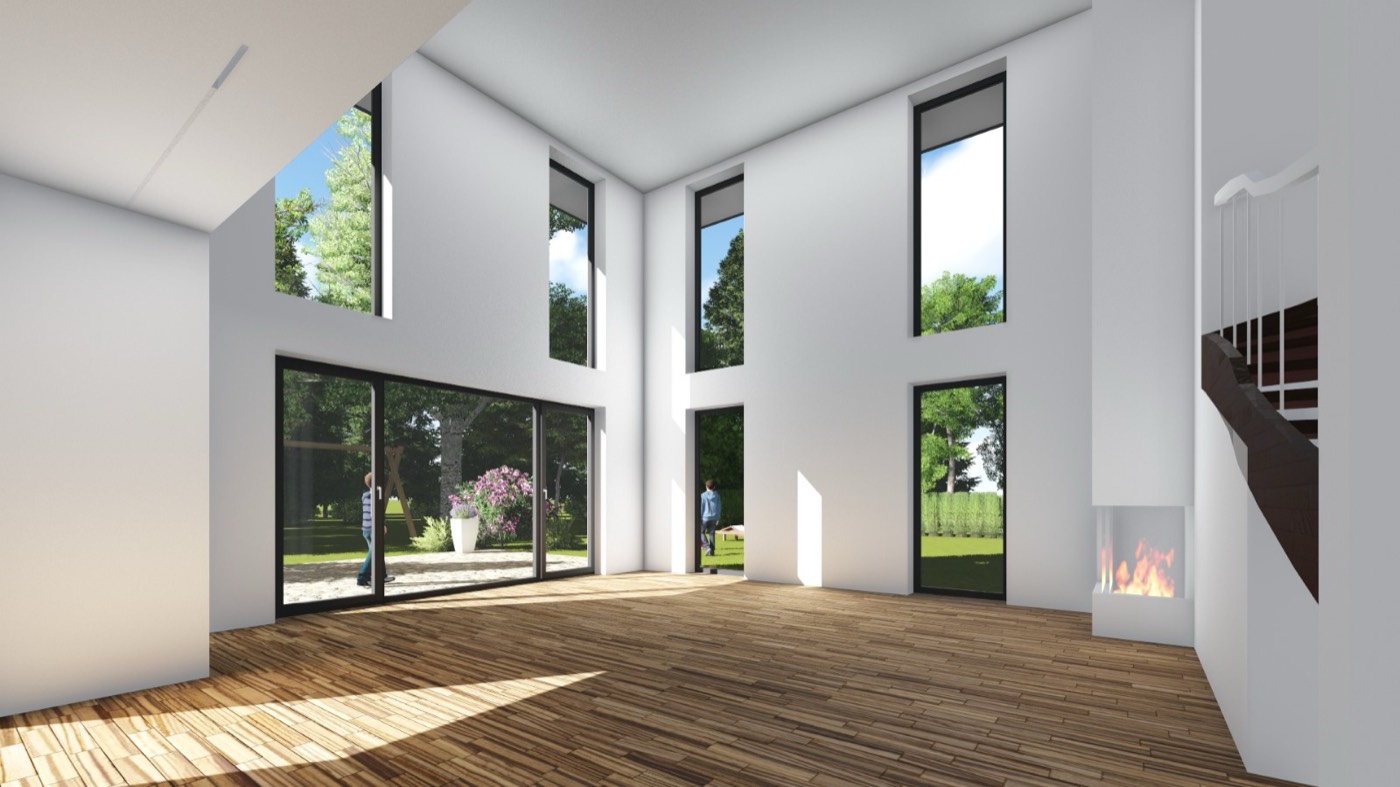 Visualisierung eines hohen Wohnraums mit bodentiefen Fenstern und Kamin